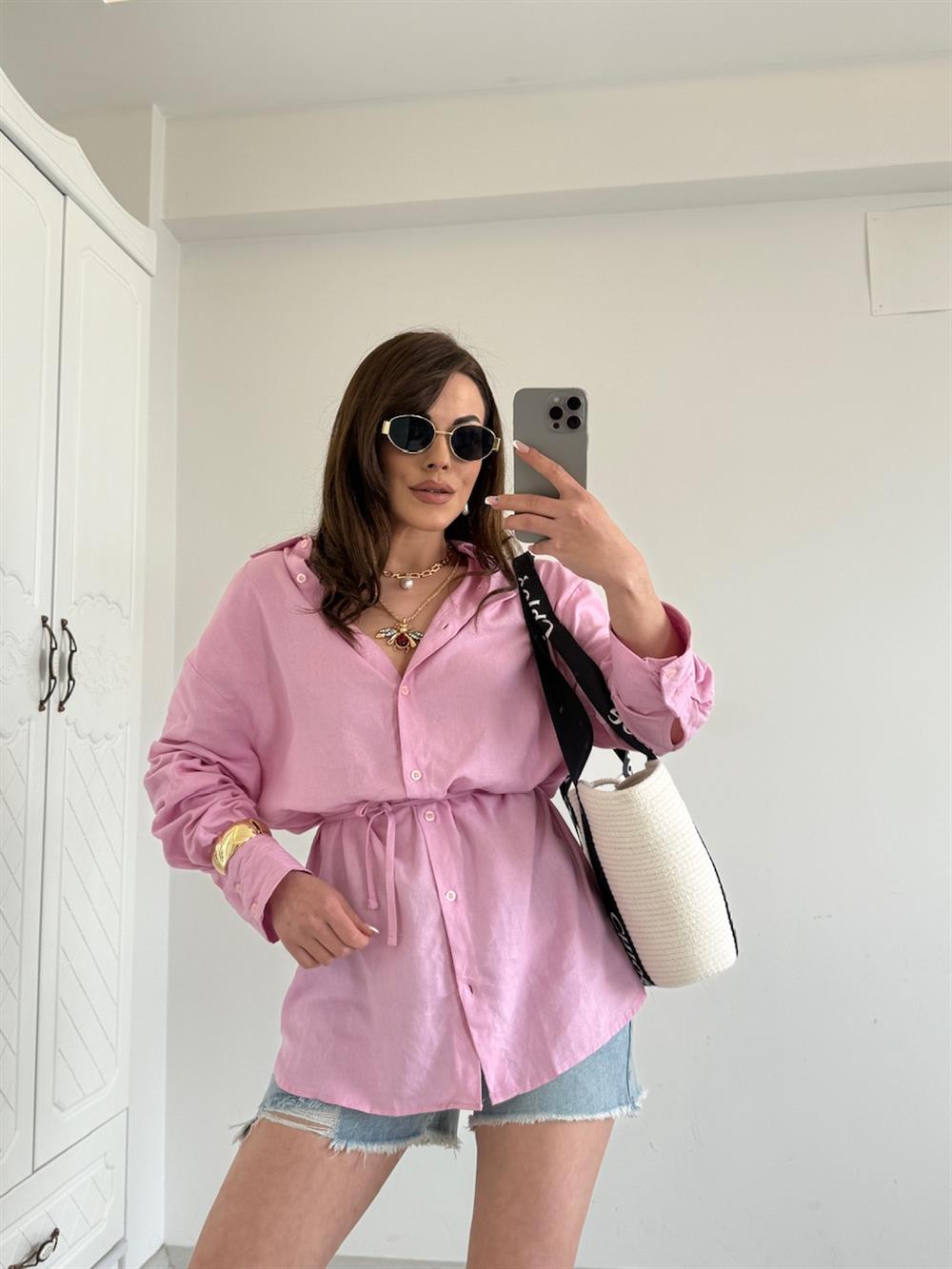 BAĞLAMALI %100 KETEN GÖMLEK PEMBE