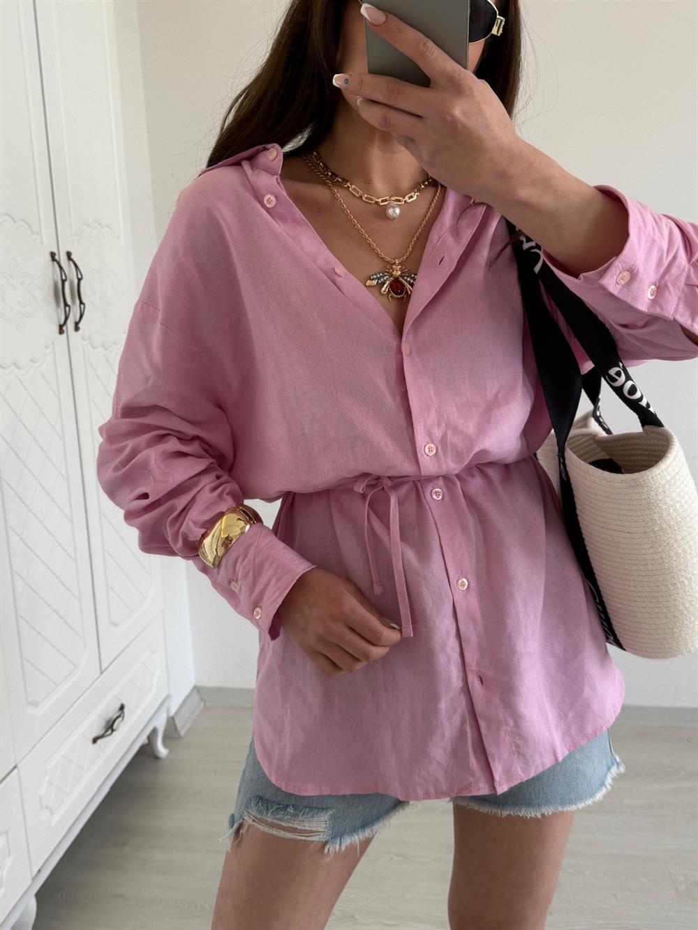 BAĞLAMALI %100 KETEN GÖMLEK PEMBE