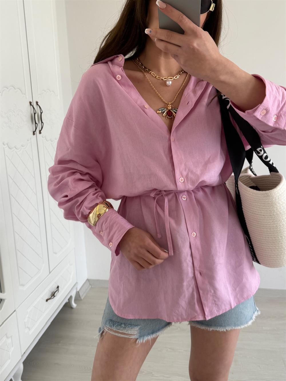 BAĞLAMALI %100 KETEN GÖMLEK PEMBE
