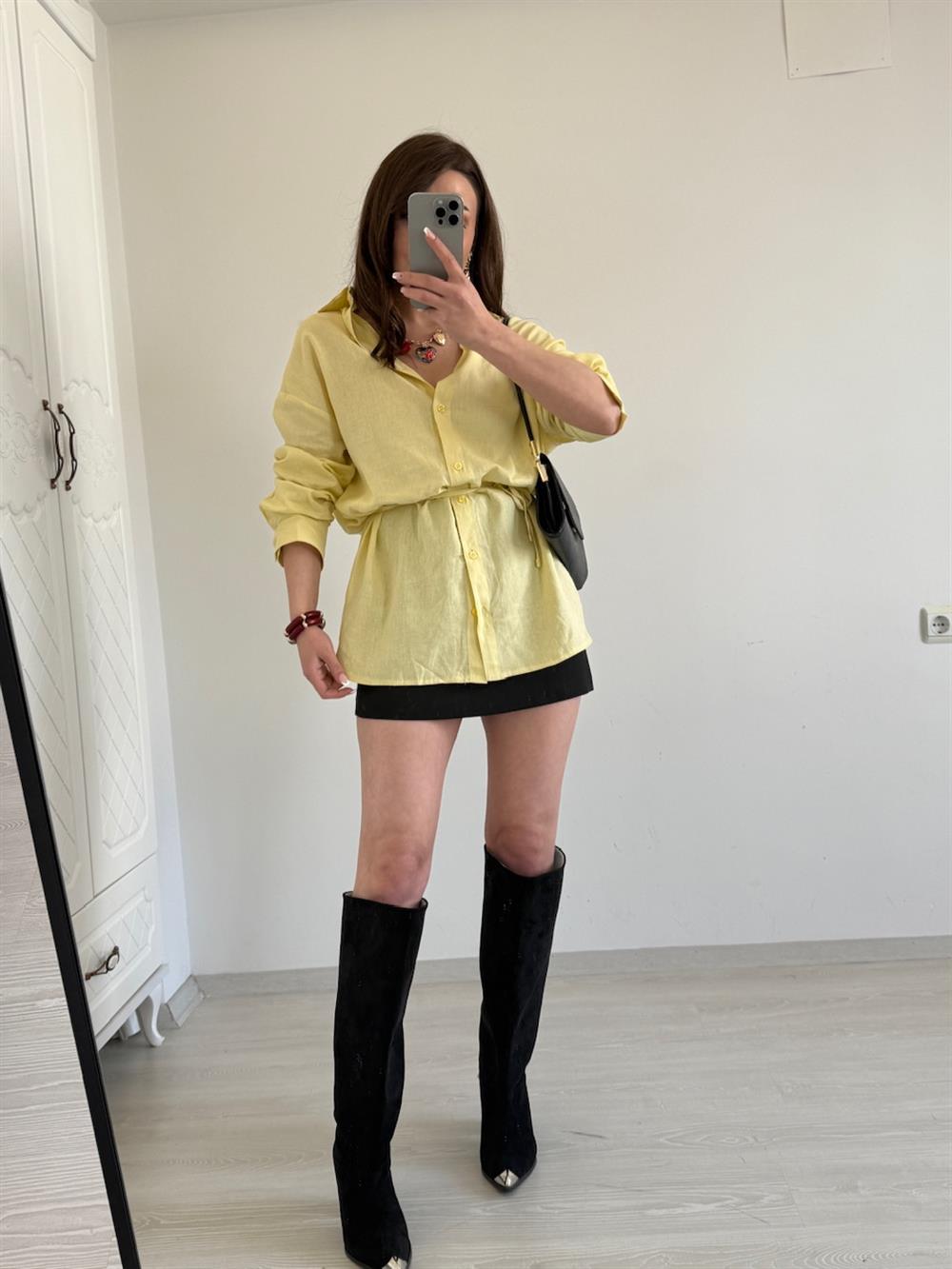 BAĞLAMALI %100 KETEN GÖMLEK SARI