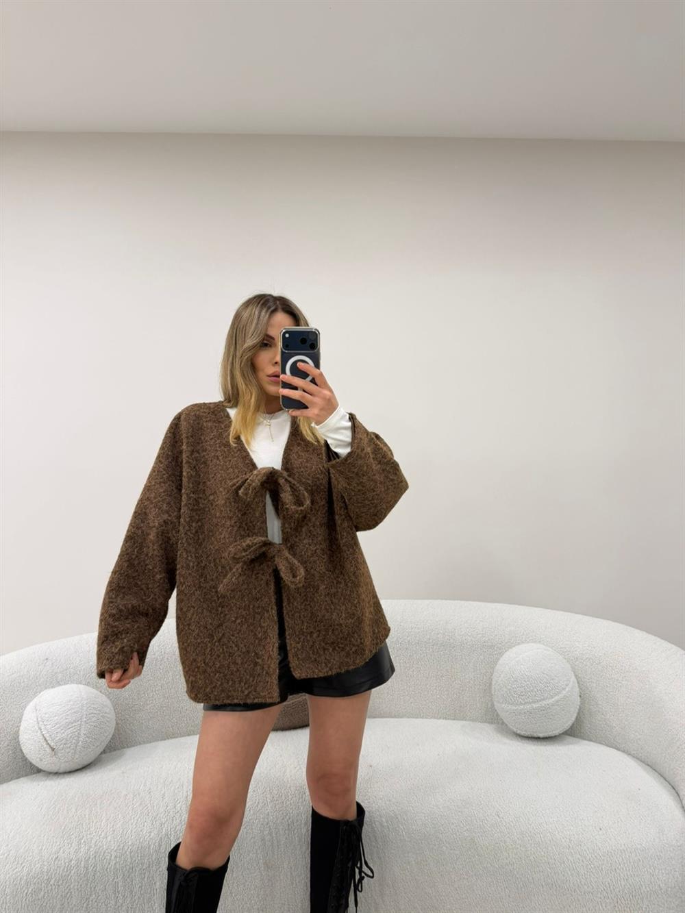 BAĞLAMALI KAŞE CEKET KAHVE