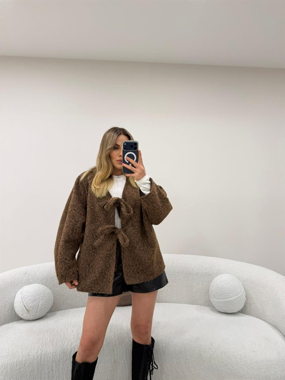 BAĞLAMALI KAŞE CEKET KAHVE