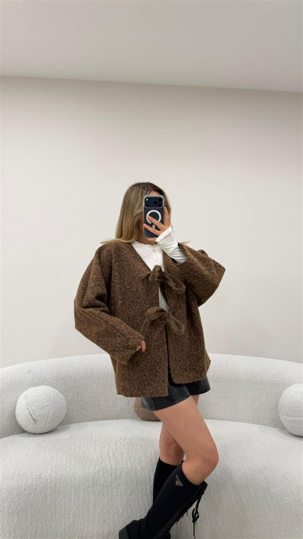 BAĞLAMALI KAŞE CEKET KAHVE