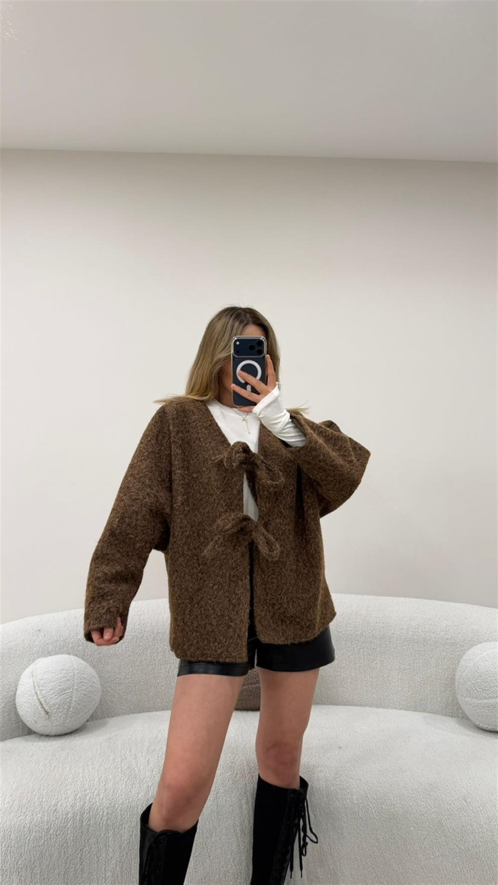 BAĞLAMALI KAŞE CEKET KAHVE