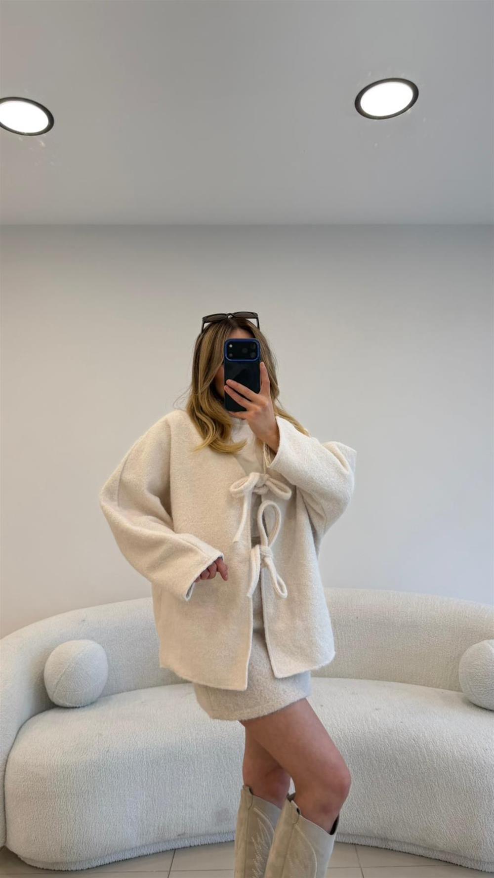 BAĞLAMALI KAŞE CEKET EKRU