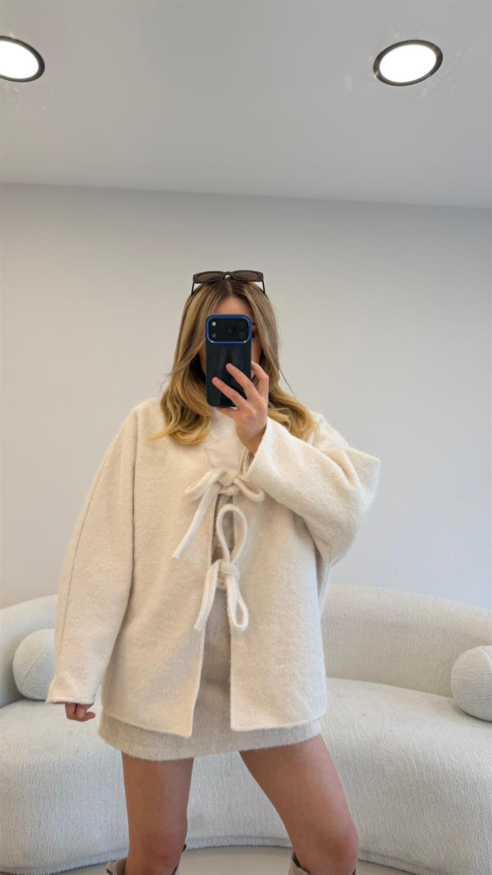 BAĞLAMALI KAŞE CEKET EKRU