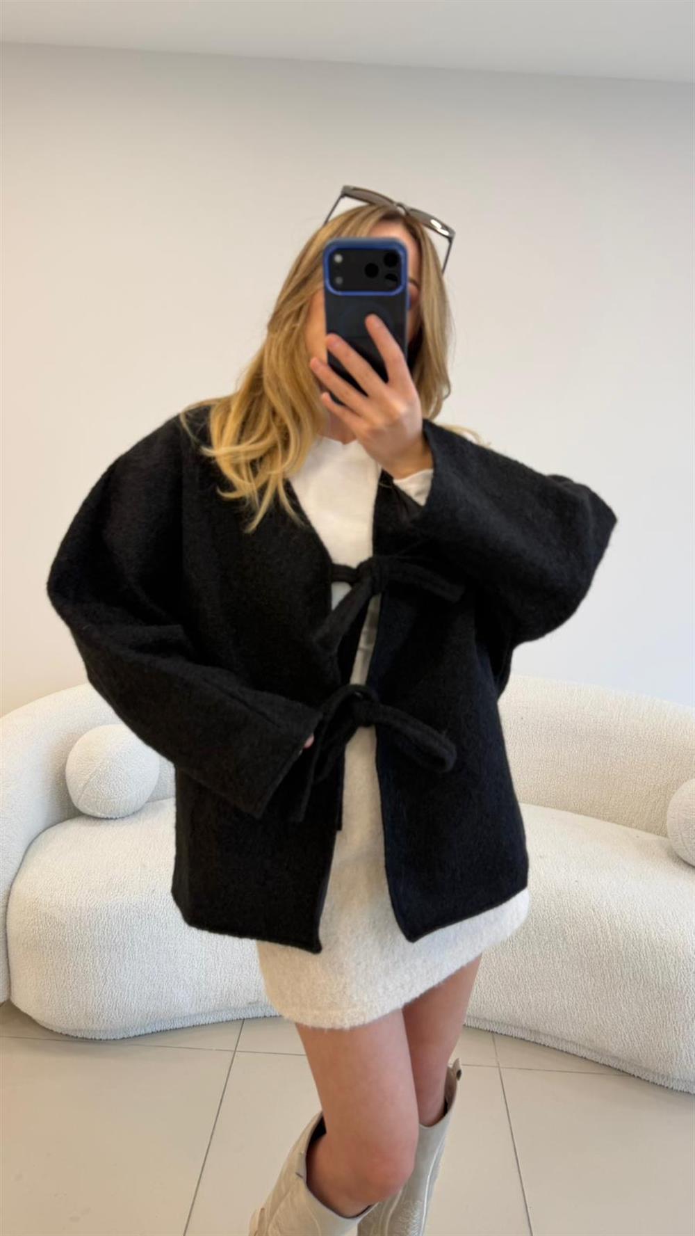 BAĞLAMALI KAŞE CEKET SİYAH