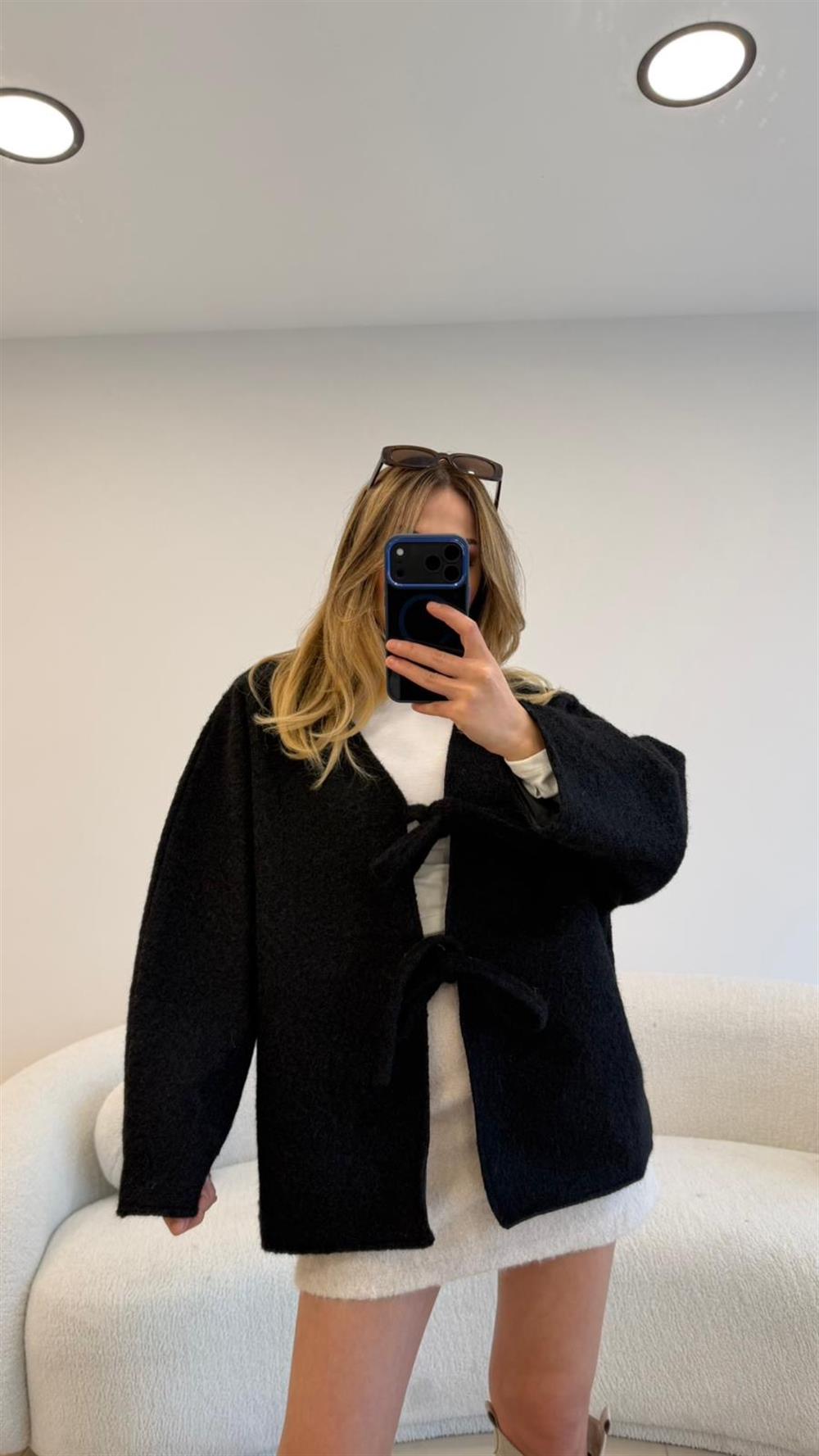 BAĞLAMALI KAŞE CEKET SİYAH