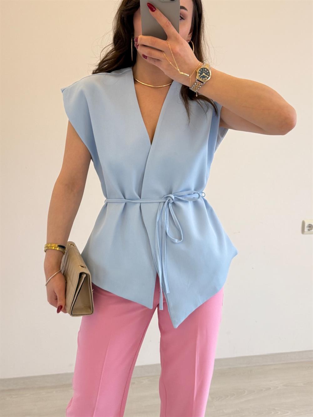 BAĞLAMALI TASARIM YELEK MAVİ