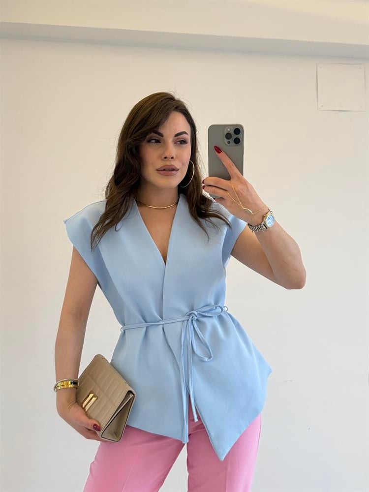 BAĞLAMALI TASARIM YELEK MAVİ