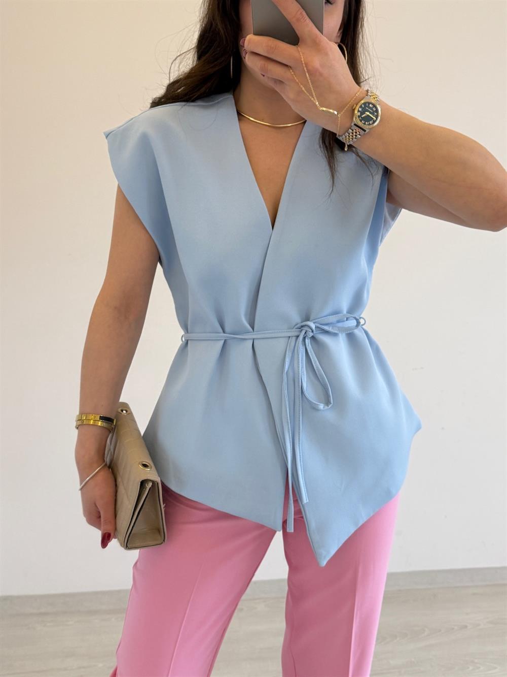 BAĞLAMALI TASARIM YELEK MAVİ