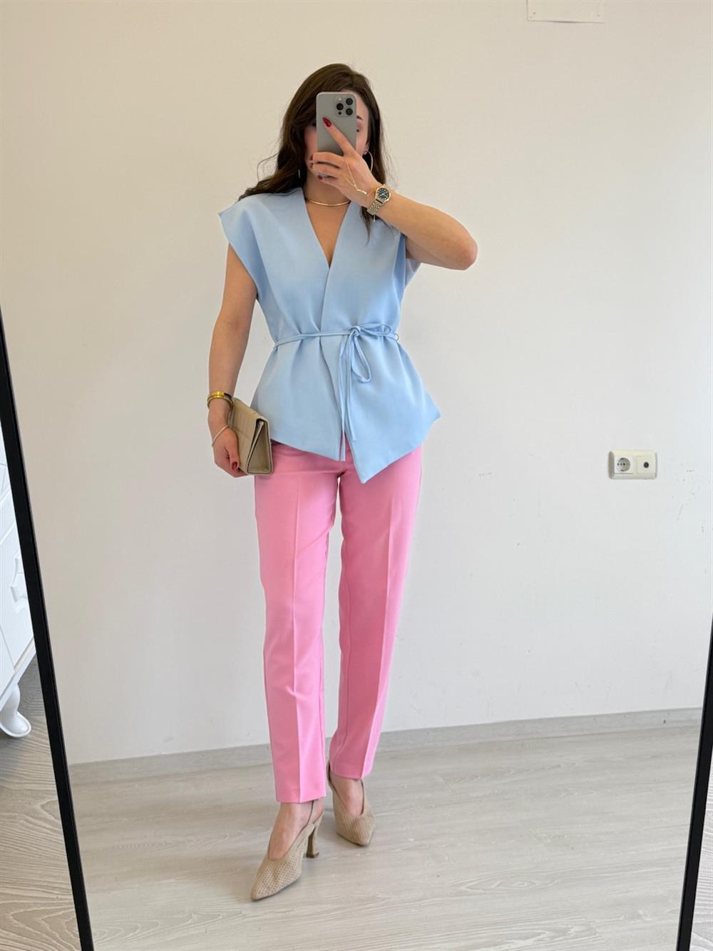 BAĞLAMALI TASARIM YELEK MAVİ