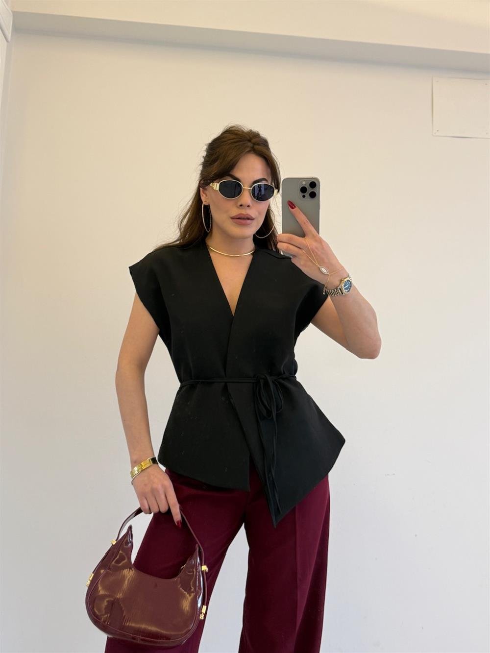 BAĞLAMALI TASARIM YELEK SİYAH