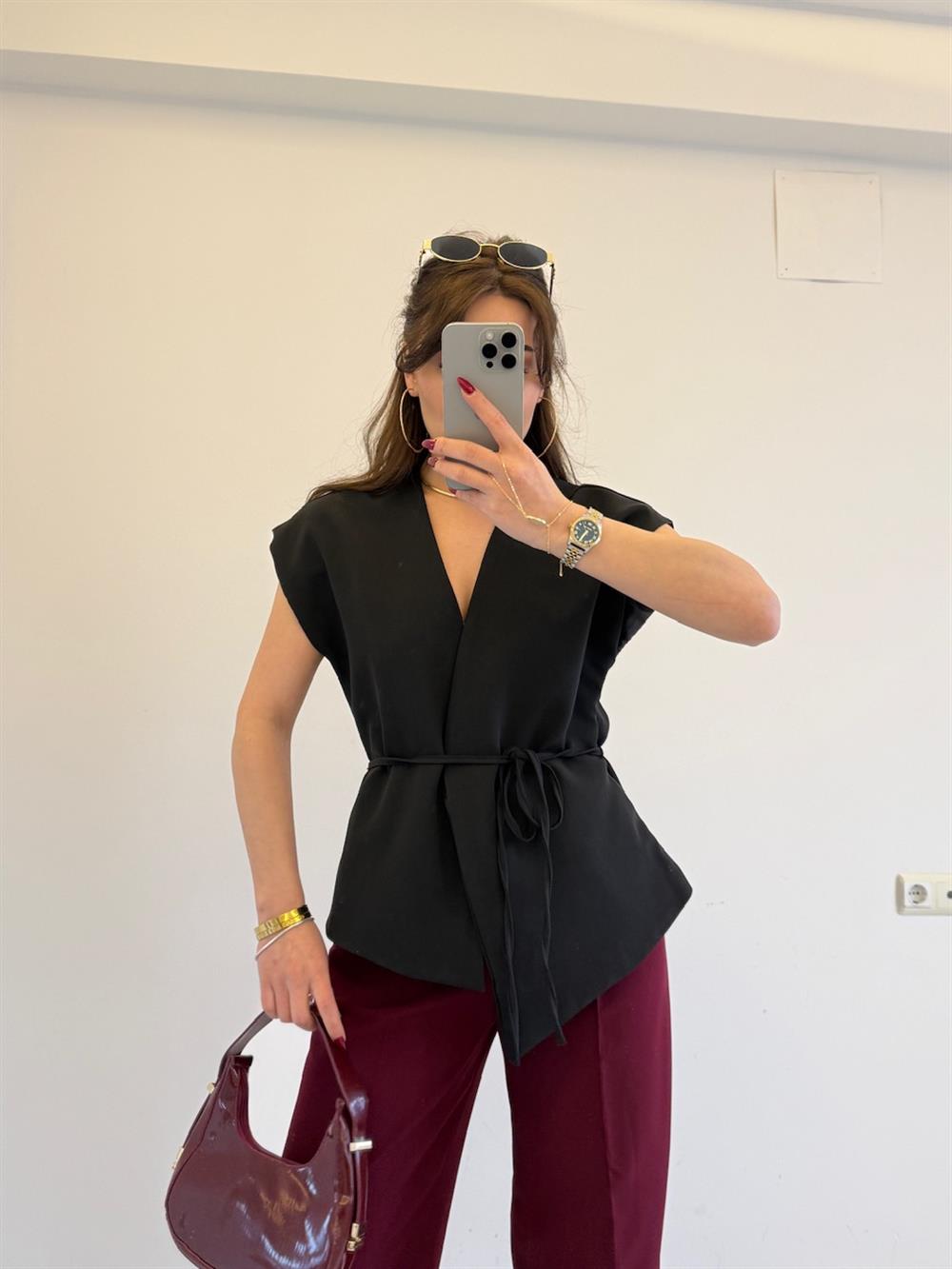 BAĞLAMALI TASARIM YELEK SİYAH