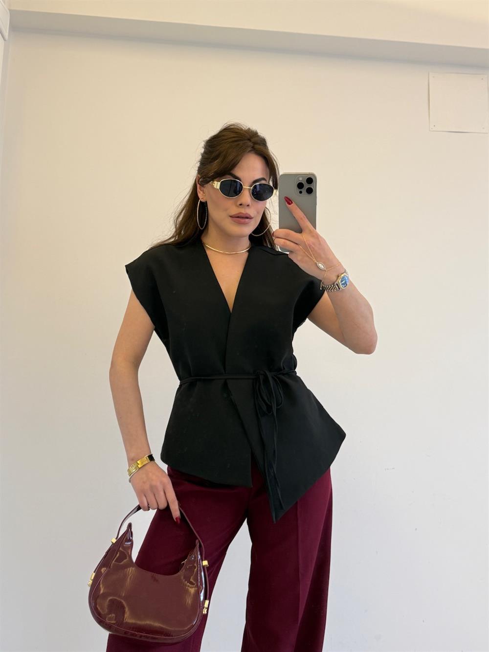 BAĞLAMALI TASARIM YELEK SİYAH