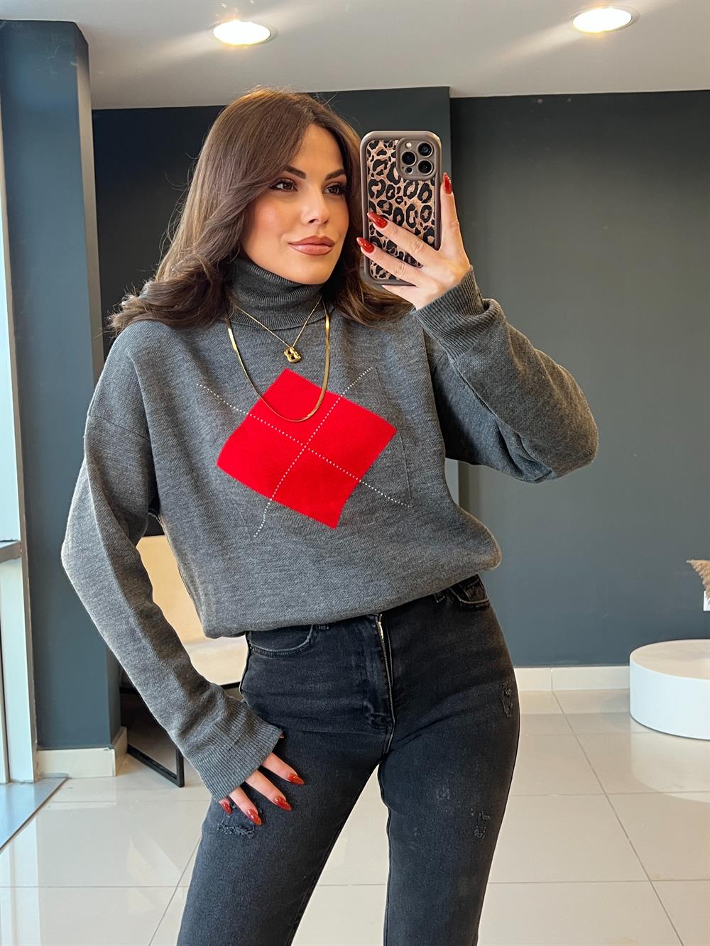 Baklava Desen Kazak Gri̇