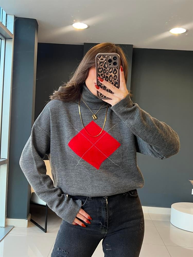 Baklava Desen Kazak Gri̇