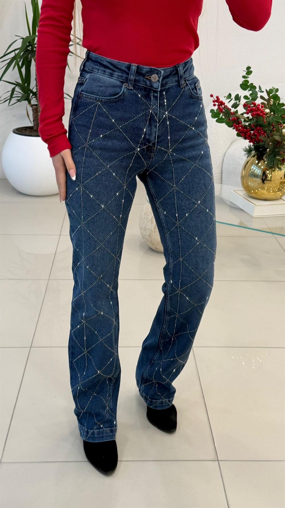 BAKLAVA DESENLİ TAŞLI JEAN MAVİ
