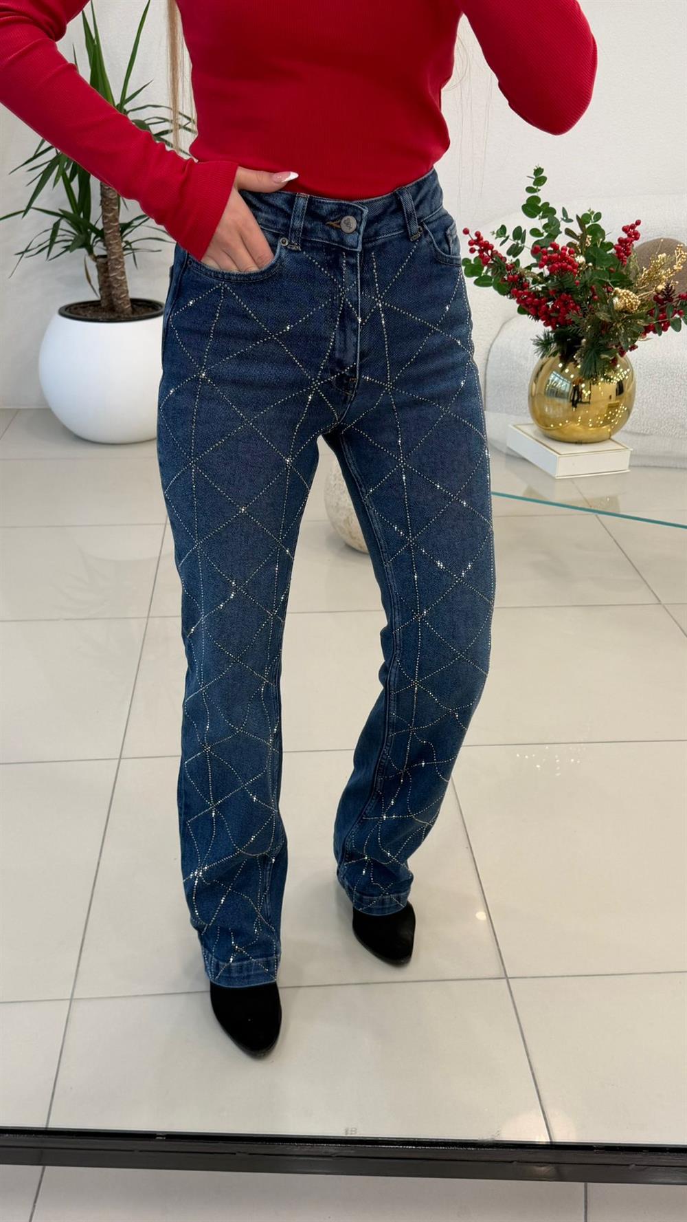 BAKLAVA DESENLİ TAŞLI JEAN MAVİ