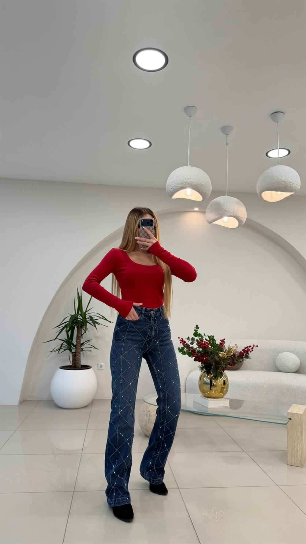 BAKLAVA DESENLİ TAŞLI JEAN MAVİ