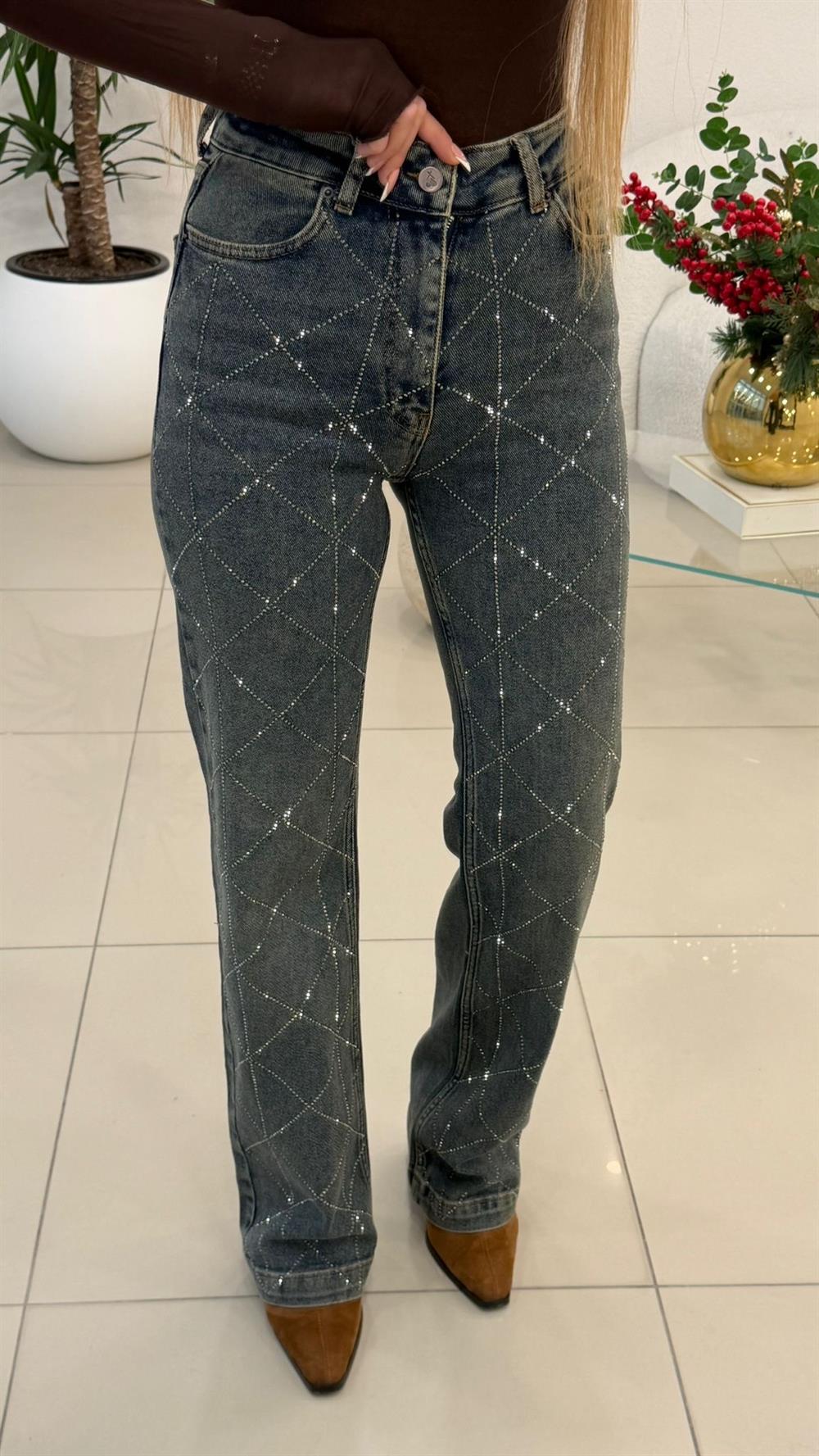 BAKLAVA DESENLİ TAŞLI JEAN TİNTLİ