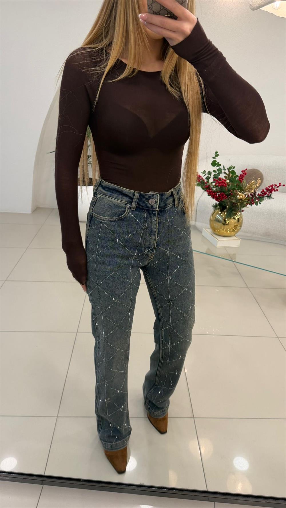 BAKLAVA DESENLİ TAŞLI JEAN TİNTLİ