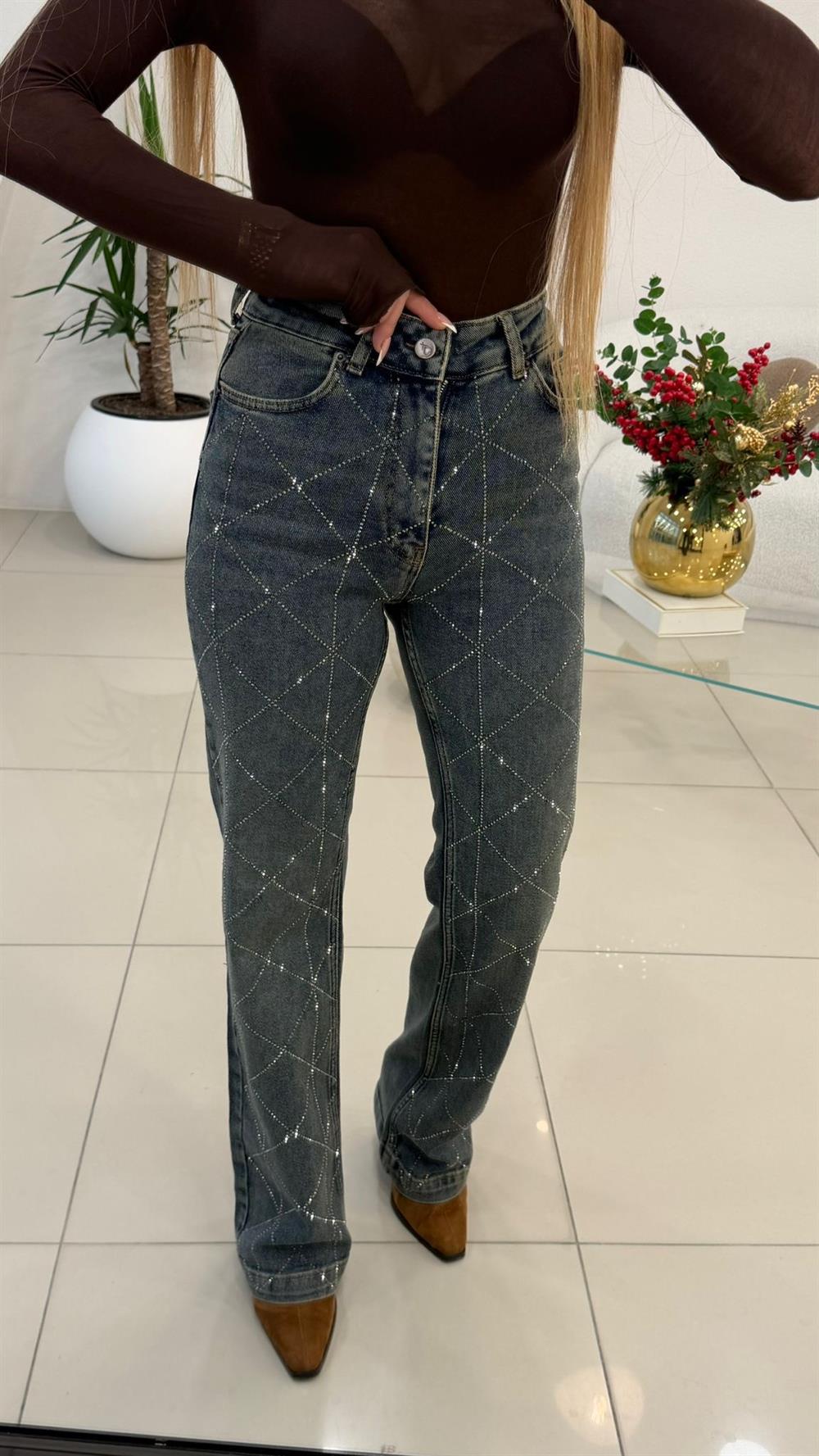 BAKLAVA DESENLİ TAŞLI JEAN TİNTLİ