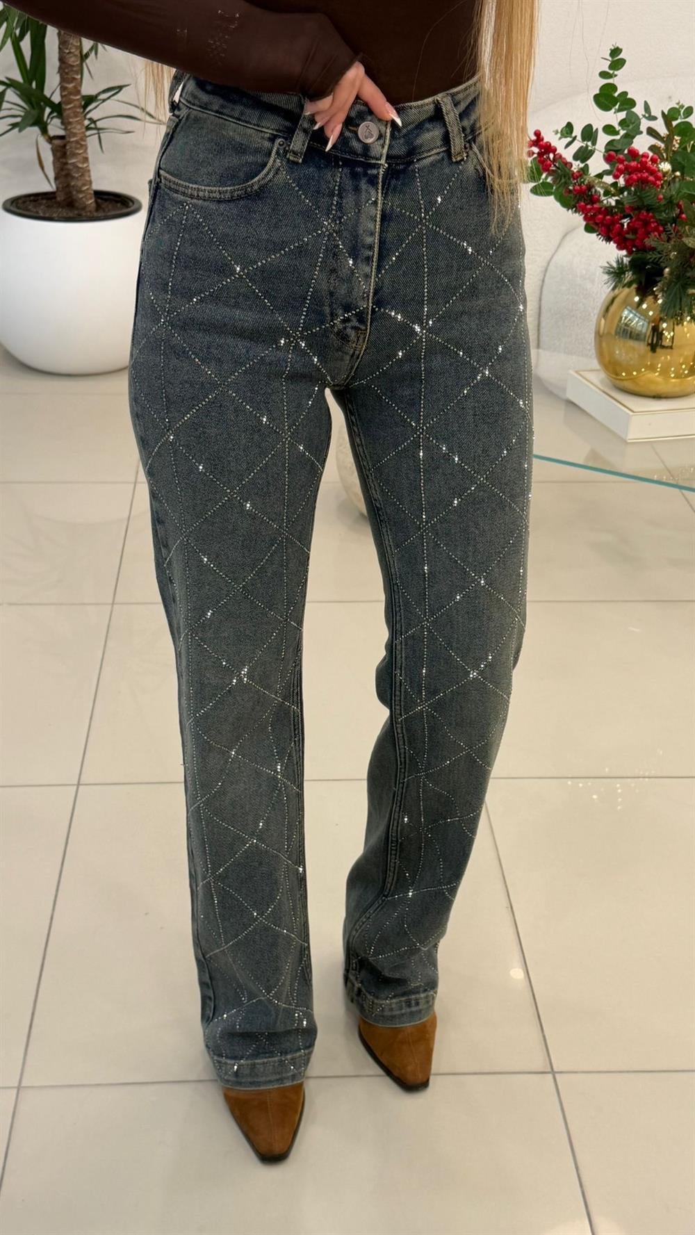 BAKLAVA DESENLİ TAŞLI JEAN TİNTLİ