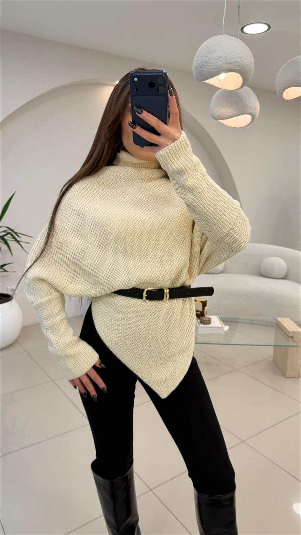 BALIKÇI YAKA ASİMETRİK KAZAK TAŞ