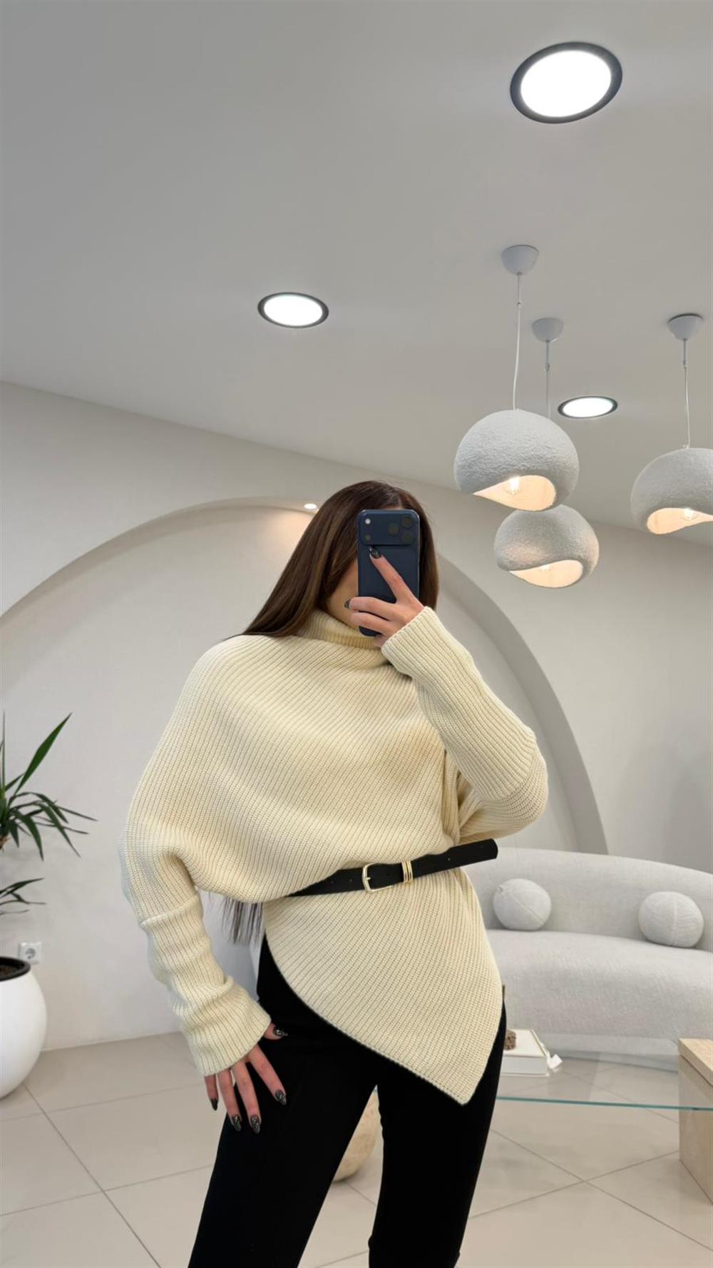 BALIKÇI YAKA ASİMETRİK KAZAK TAŞ