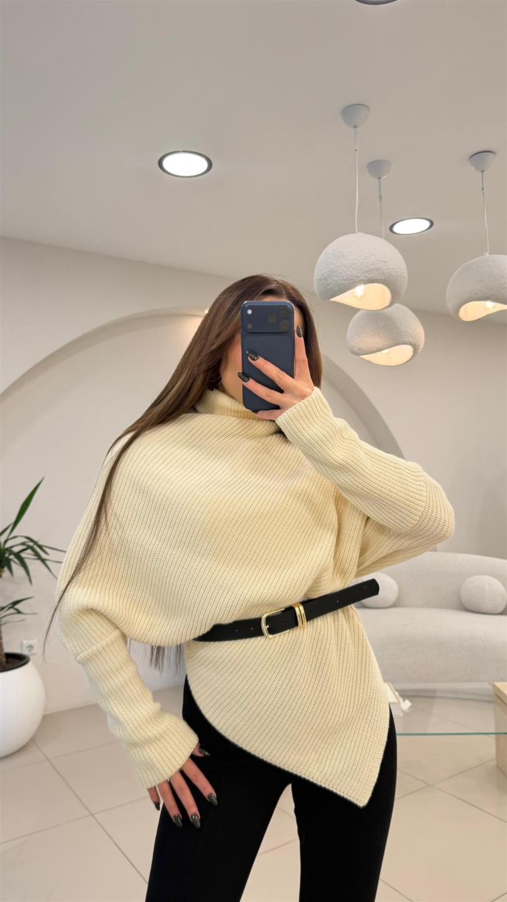 BALIKÇI YAKA ASİMETRİK KAZAK TAŞ