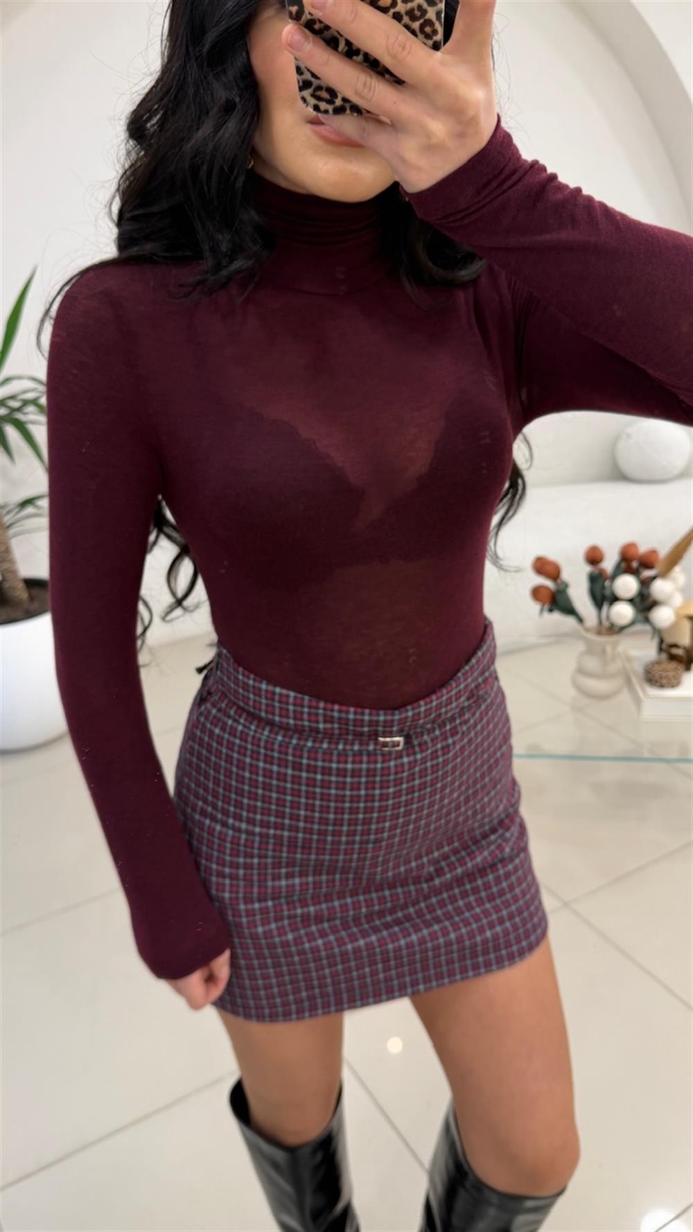 BALIKÇI YAKA TRANSPARAN BLUZ BORDO 