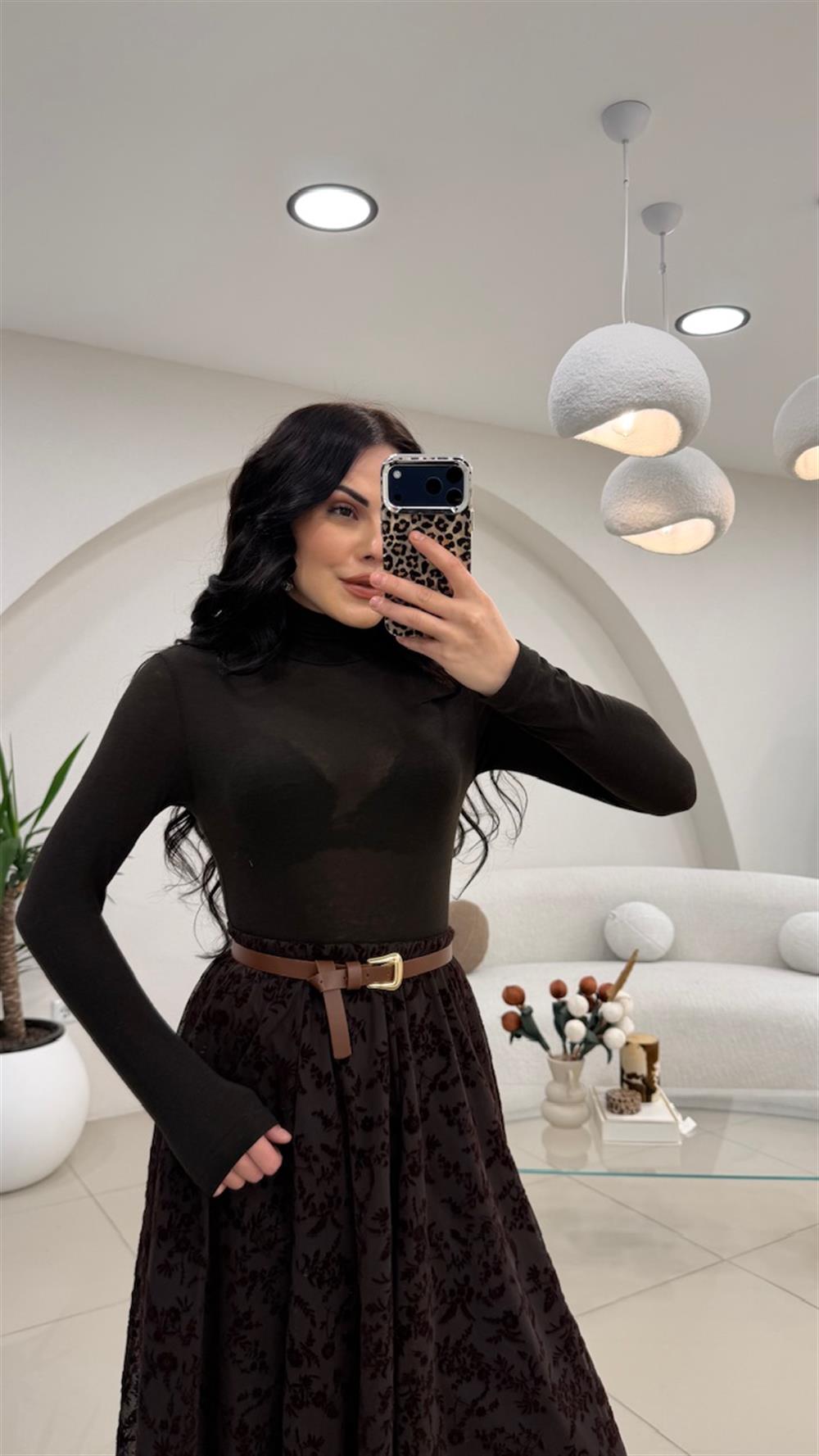 BALIKÇI YAKA TRANSPARAN BLUZ KAHVE 
