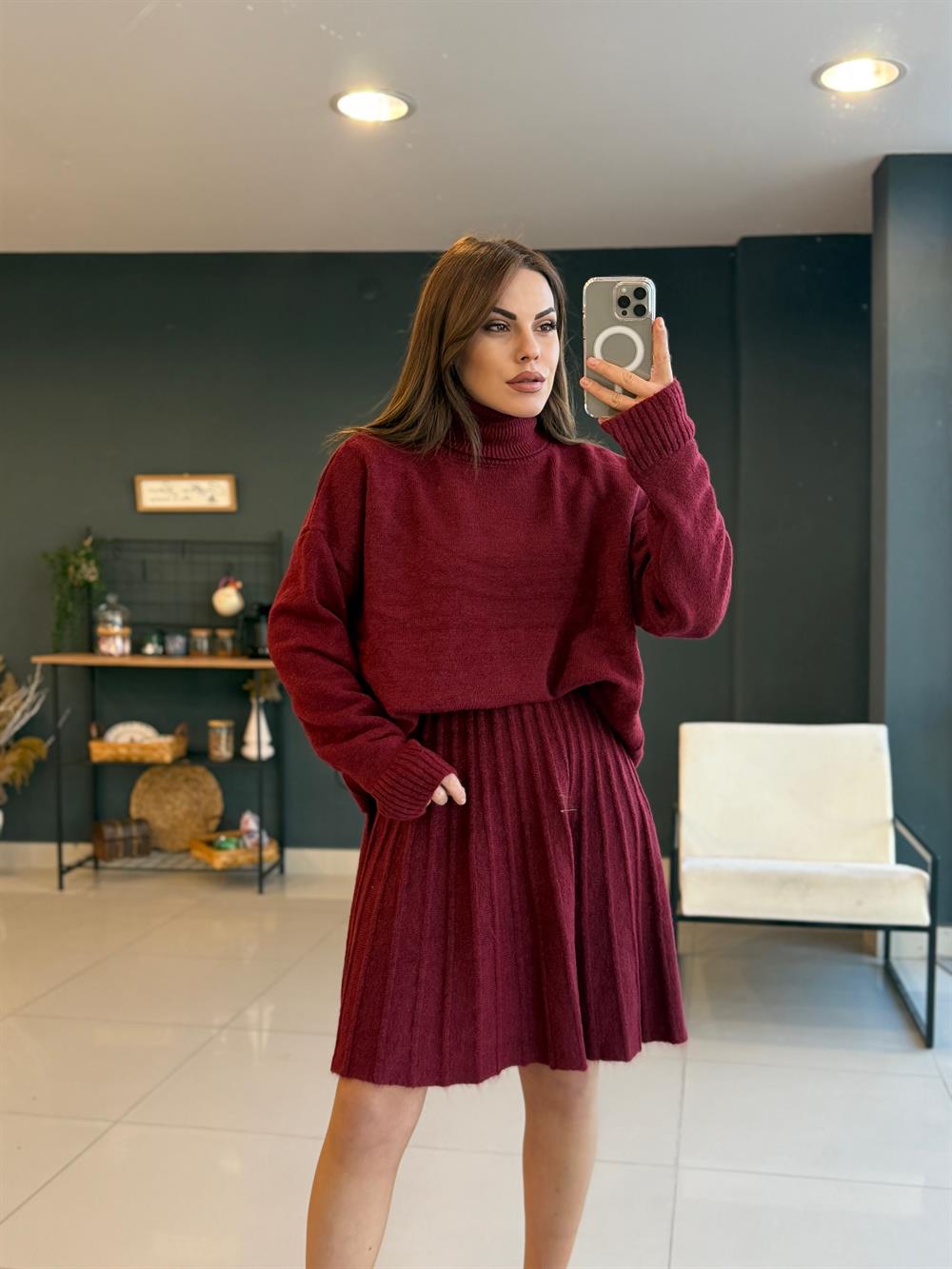Balikçi Yaka Tri̇ko Takim Bordo