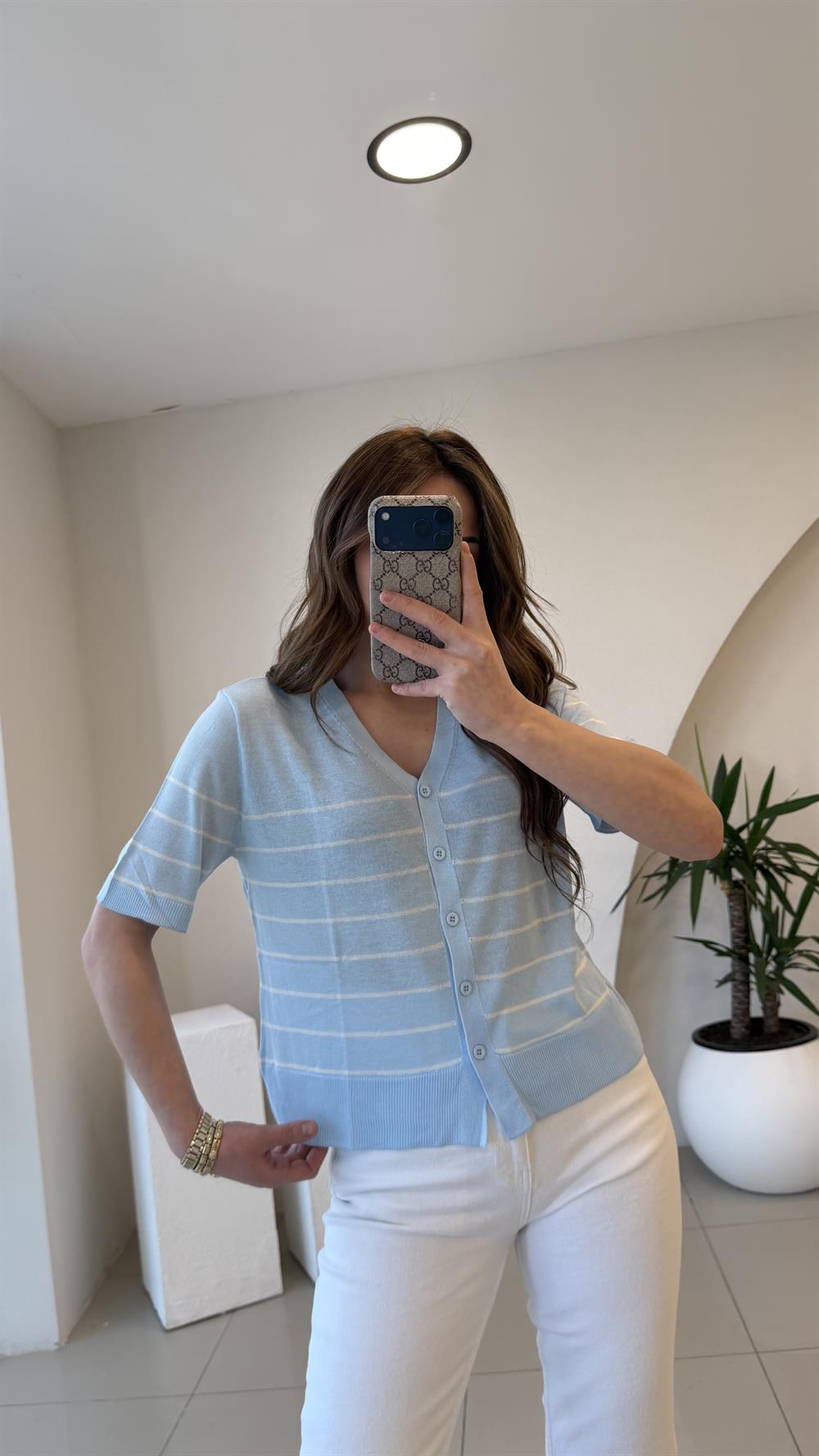 BEBE MAVİSİ ÇİZGİLİ MERSERİZE BLUZ 