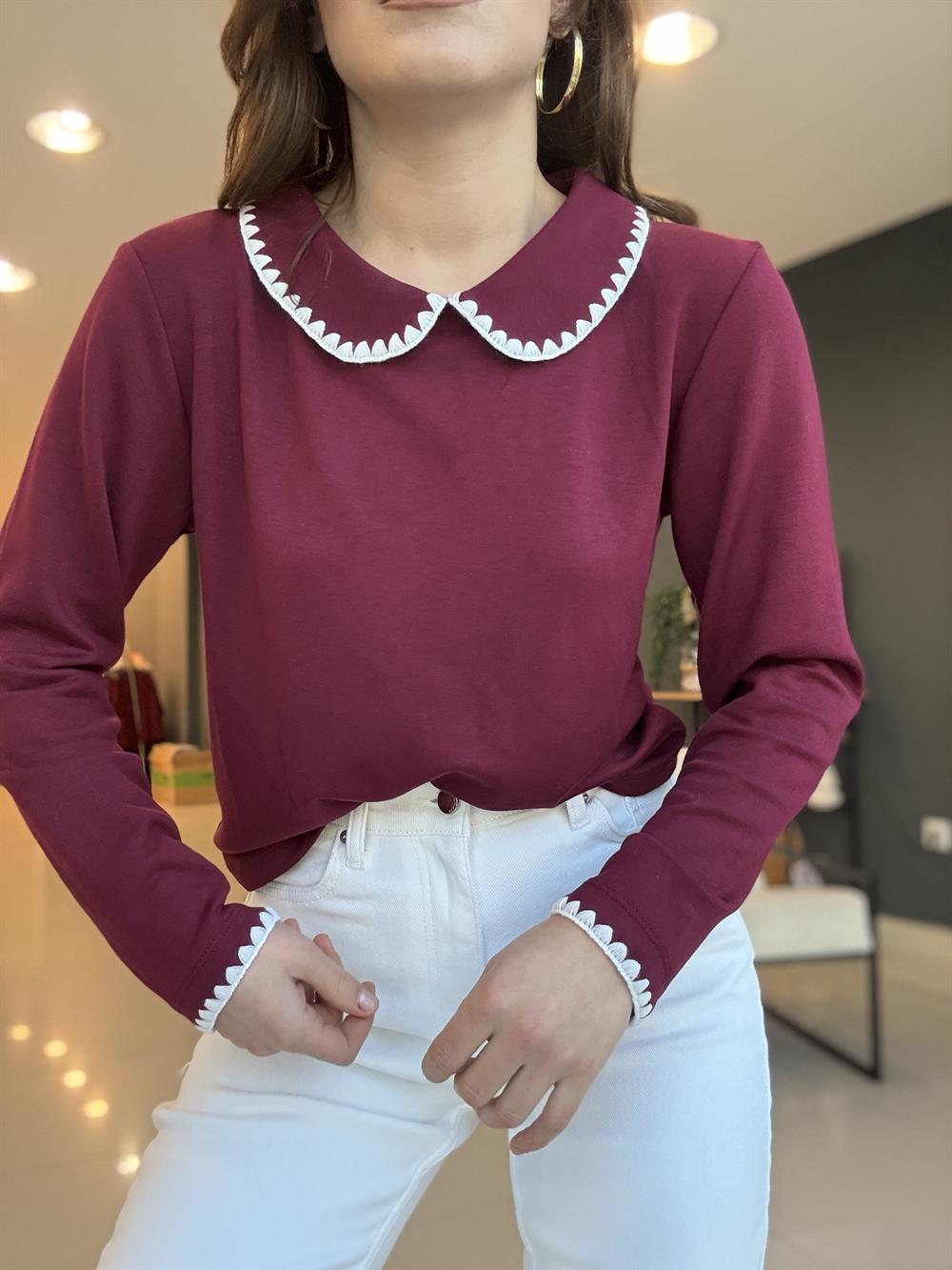 Bebe Yaka Modal Kumaş Bluz Bordo