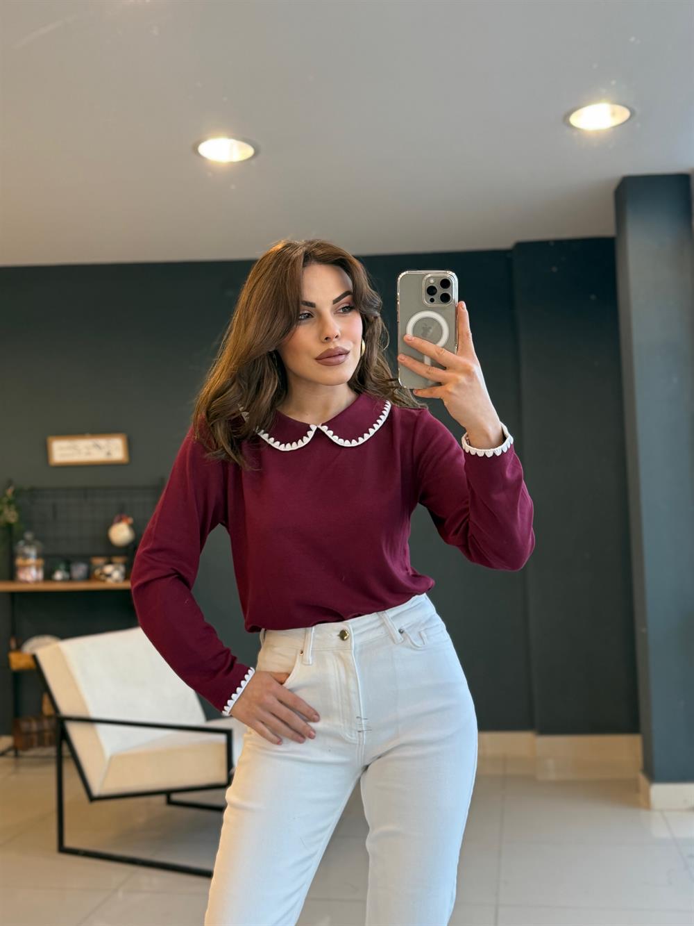 Bebe Yaka Modal Kumaş Bluz Bordo