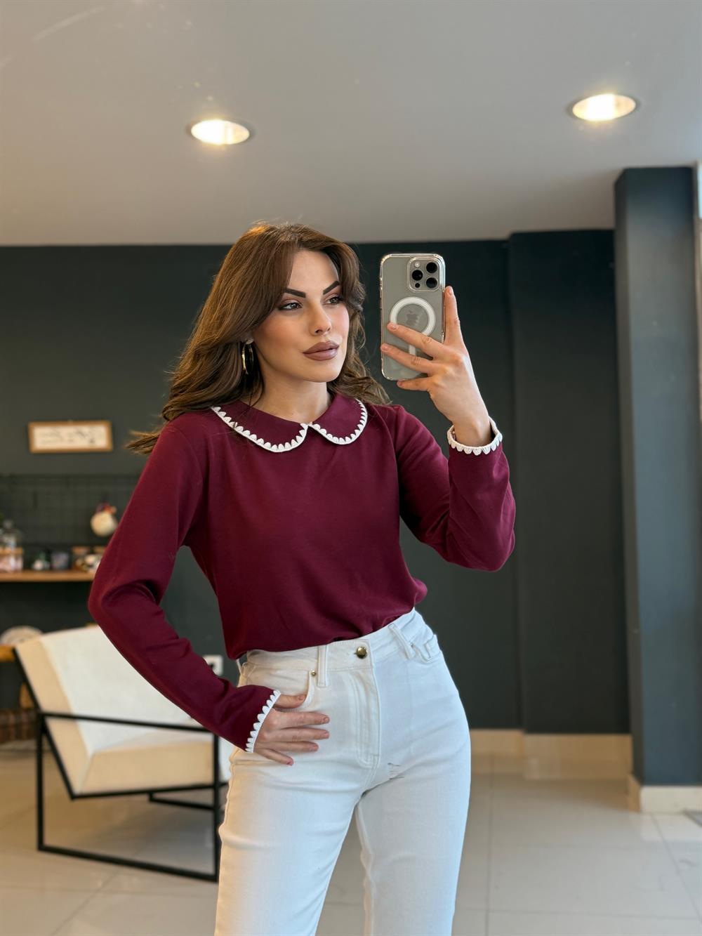 Bebe Yaka Modal Kumaş Bluz Bordo