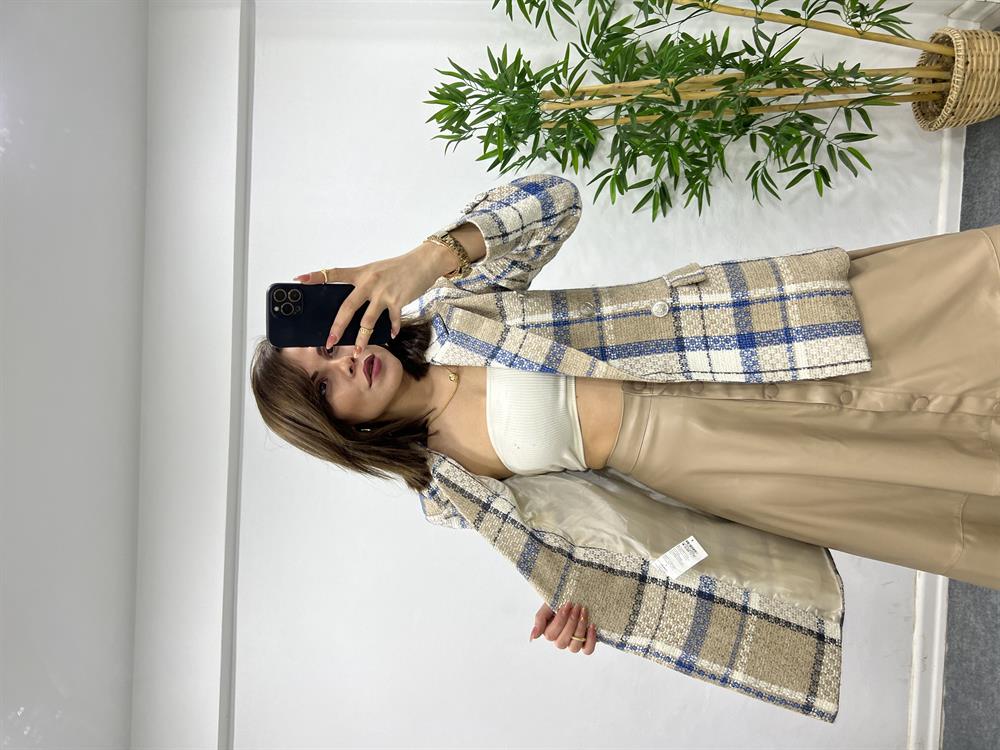 Bej Renk Ekose Desen Belazer Ceket