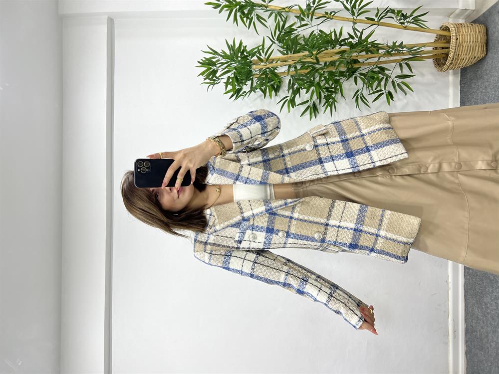 Bej Renk Ekose Desen Belazer Ceket