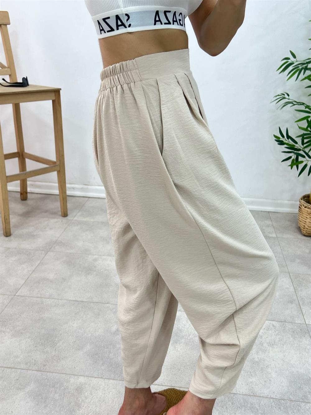 Bel Arkasi Lasti̇kli̇ Grep Kumaş Pantolon Taş