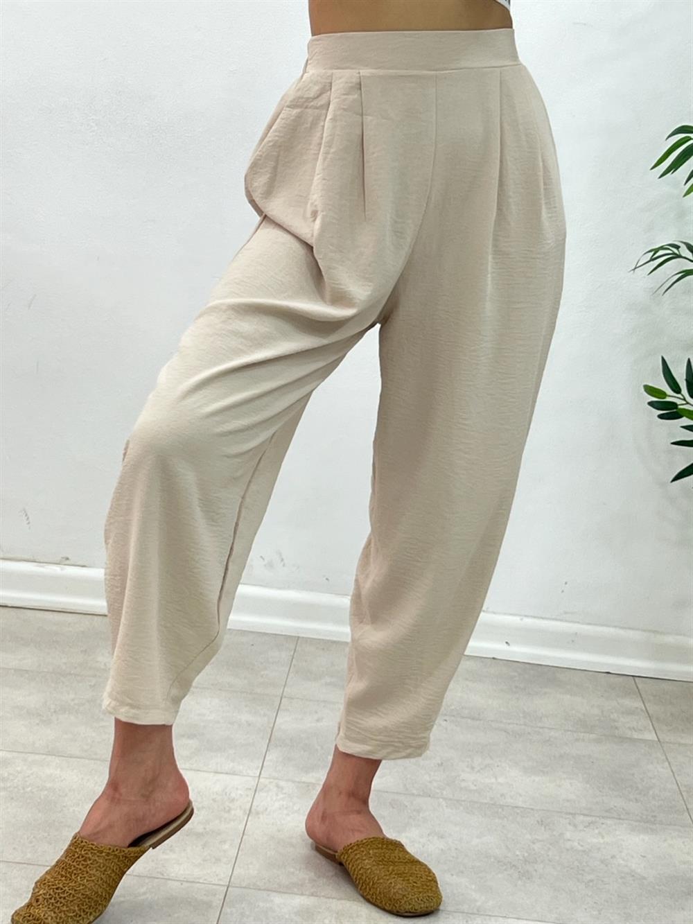 Bel Arkasi Lasti̇kli̇ Grep Kumaş Pantolon Taş