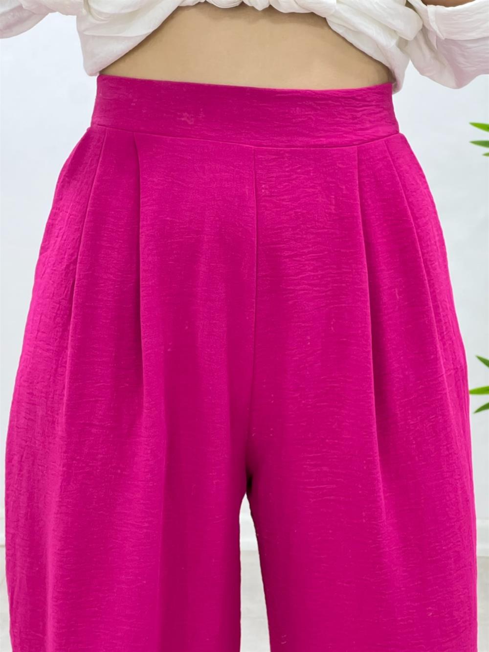 Bel Arkasi Lasti̇kli̇ Grep Kumaş Pantolon Pembe