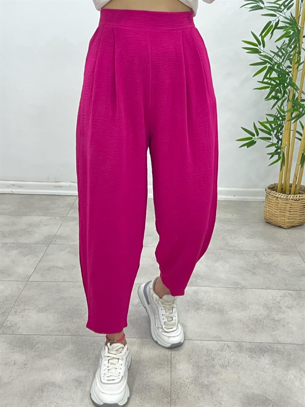 Bel Arkasi Lasti̇kli̇ Grep Kumaş Pantolon Pembe