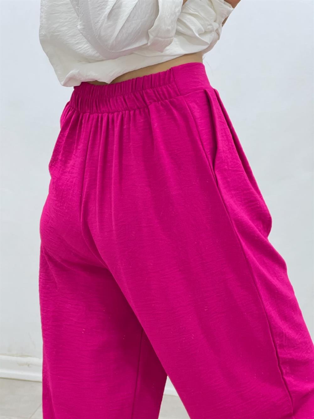 Bel Arkasi Lasti̇kli̇ Grep Kumaş Pantolon Pembe