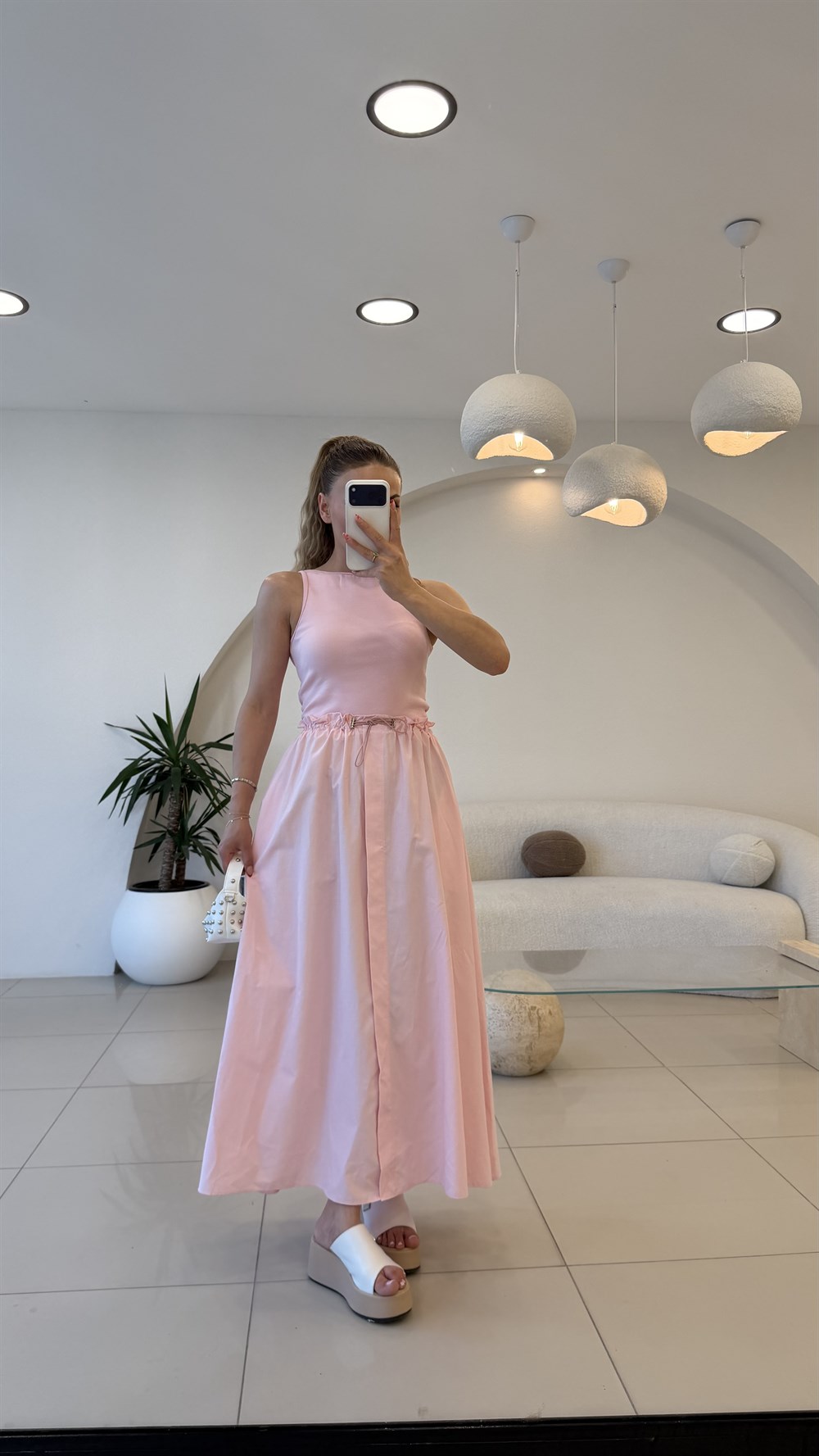BEL BAĞLAMALI ALT POPLİN ELBİSE PEMBE