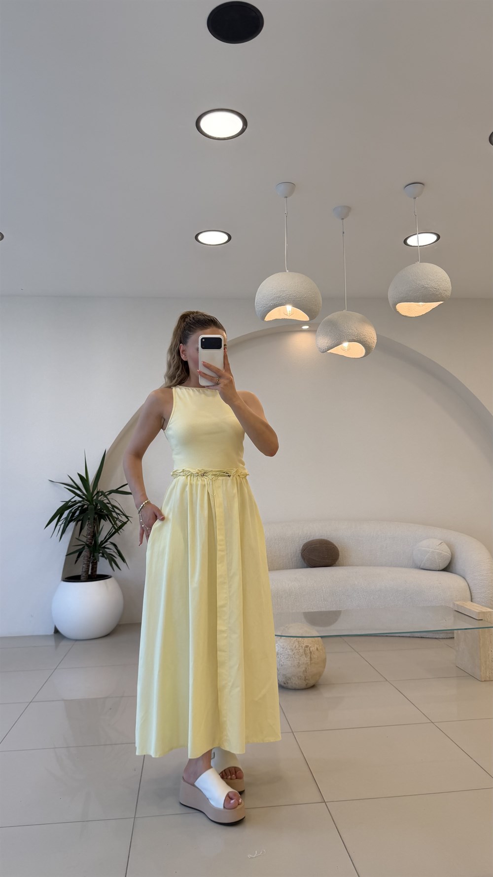 BEL BAĞLAMALI ALT POPLİN ELBİSE SARI