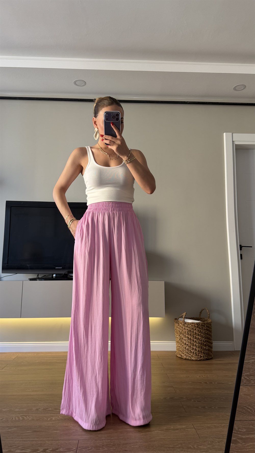 Bel Lastikli Saten Pantolon Pembe 