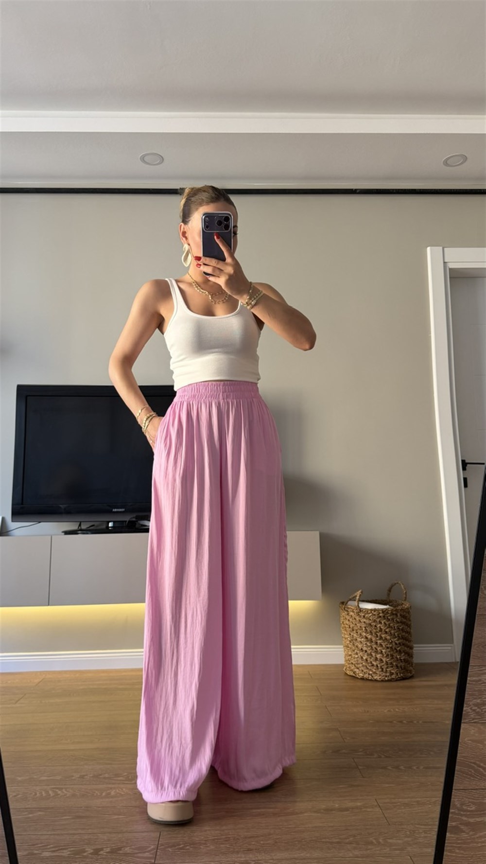 Bel Lastikli Saten Pantolon Pembe 