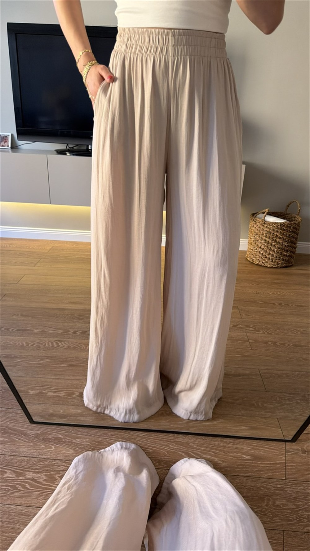 Bel Lastikli Saten Pantolon Vizon